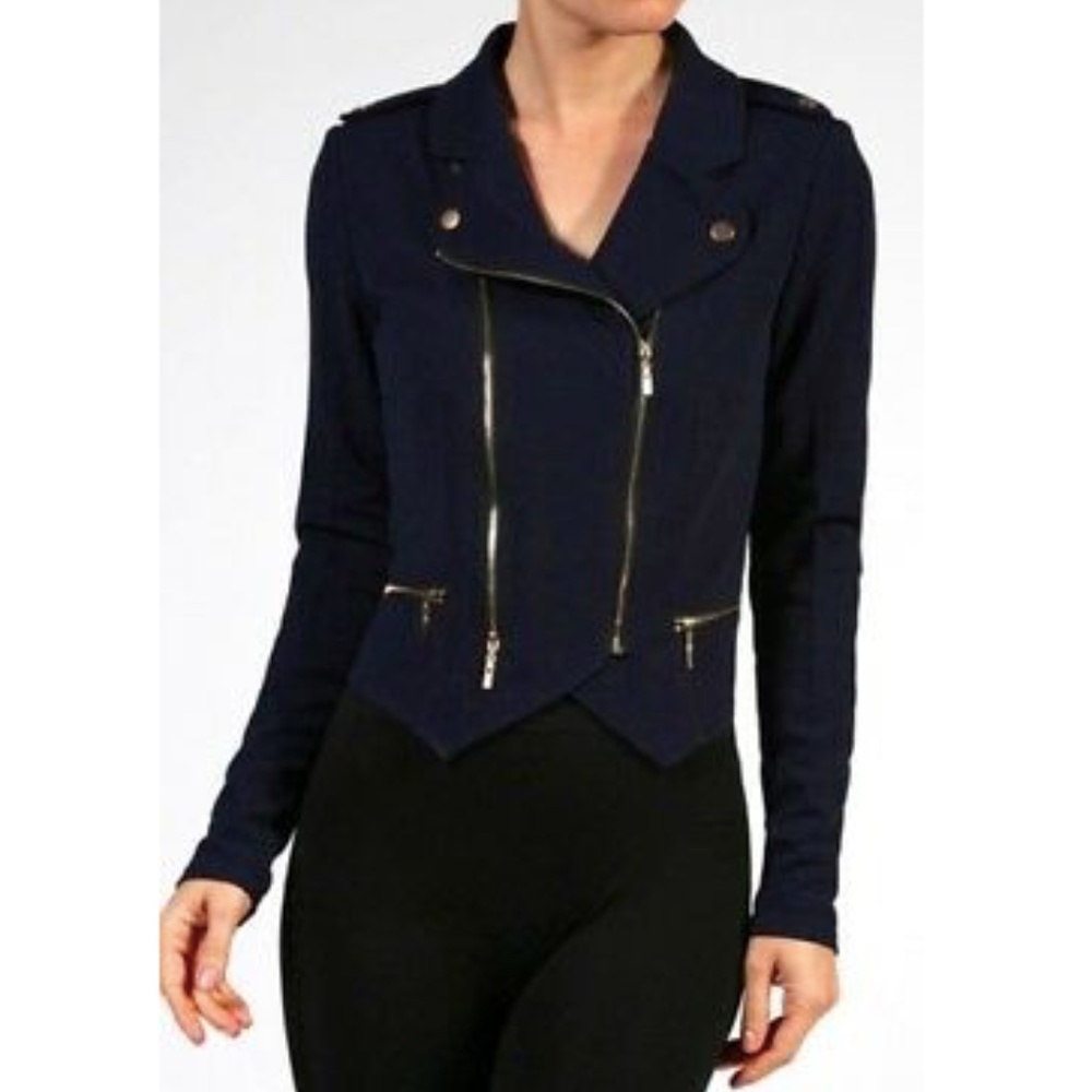 NEW Zip Moto Jacket Cropped Stretch Fabric- Navy- Small